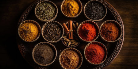 Assorted whole spices and sealed spice pouches on display at a market or kitchen counter