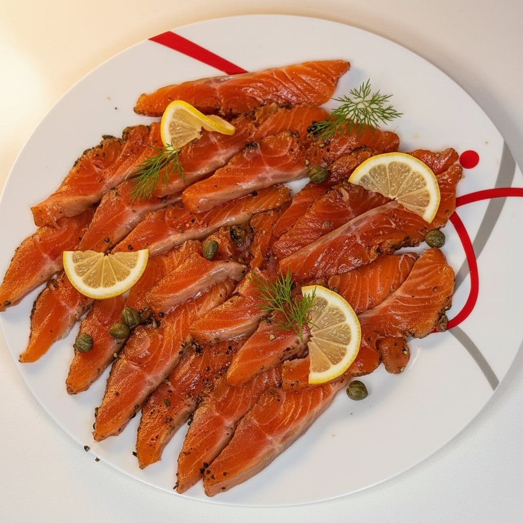 Homemade salmon gravlax with Rinoci pepper trio